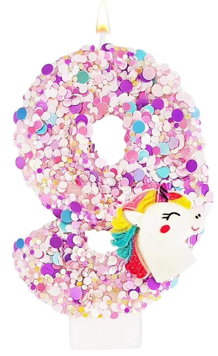 Feliz aniversário bolo vela, 0-9 número aniversário vela, unicórnio temático festa suprimentos - Image 1