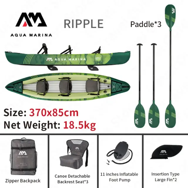Caiaque Inflável Aqua Marina Ripple para 3 Pessoas - Ideal para Família, Lazer, Canoagem e Pesca em Água