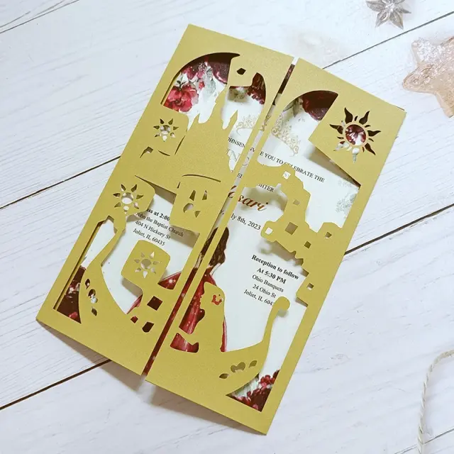 Convite de Casamento Personalizado da Princesa com Envelope DIY em Ouro - Quinceanera e Design Rapunzel Roxo, 50 Unidades