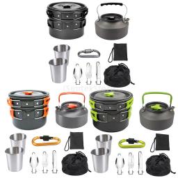 1 conjunto ao ar livre panelas panelas de acampamento piquenique conjunto de utensílios de cozinha antiaderente com colher dobrável garfo faca chaleira copo - Image 1
