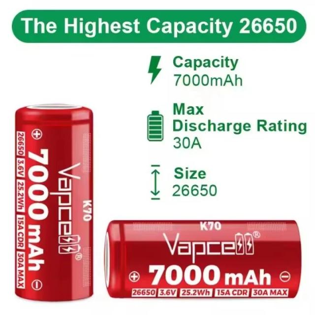 Vapcell Bateria de Íon de Lítio K70 26650 7000mAh 30A