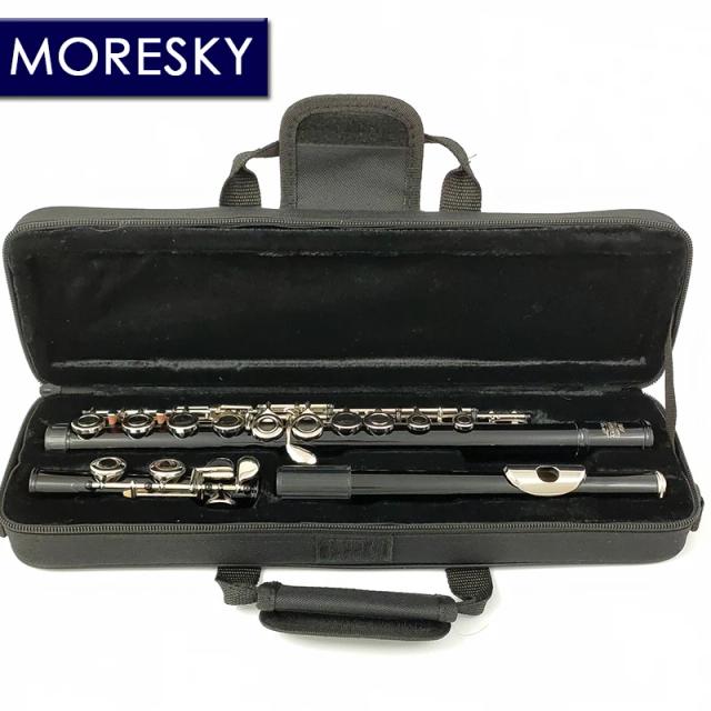 Flauta MORESKY em Cuproníquel, 16 Furos, Banhada a Níquel com Chave E e Chaves C, Modelo MFL-607, Cor Preta