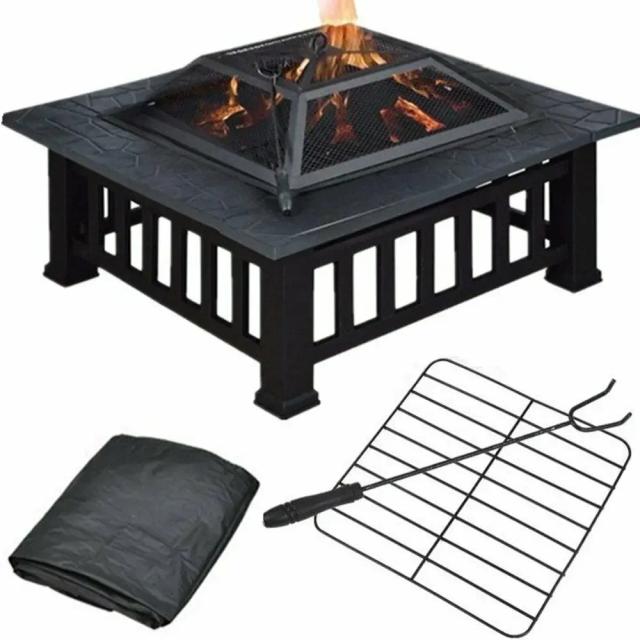 Lareira de Jardim Fire Basket com Grill e Capa Impermeável, Braseiro Metal 18.5x18.5x45cm para Aquecimento e Grelhados