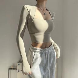 Almofada de peito fitness esportes topo feminino camisas de manga longa pra acelerar curto elegante dança yoga roupas pequena cintura ginásio - Image 4