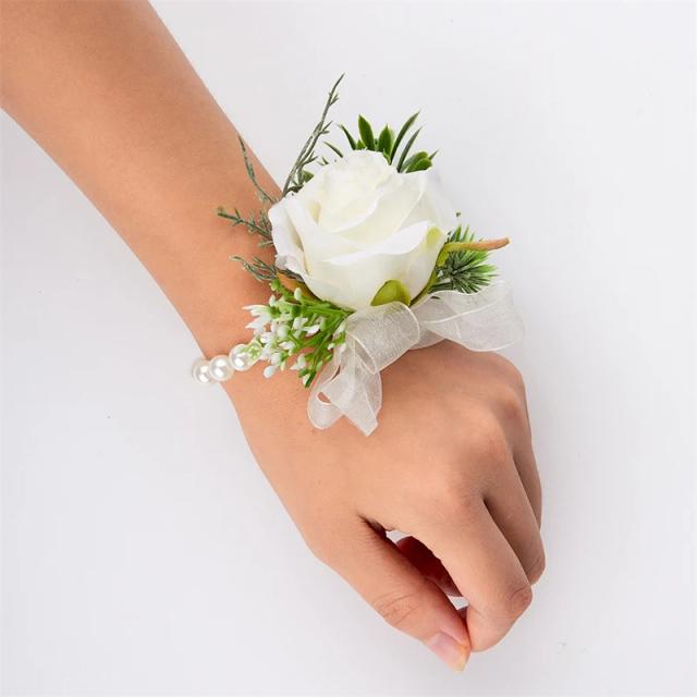 Pulseira Floral Coreana Rose para Casamento: Elegância em Boutonniere, Mão de Dama e Acessórios de Pérola