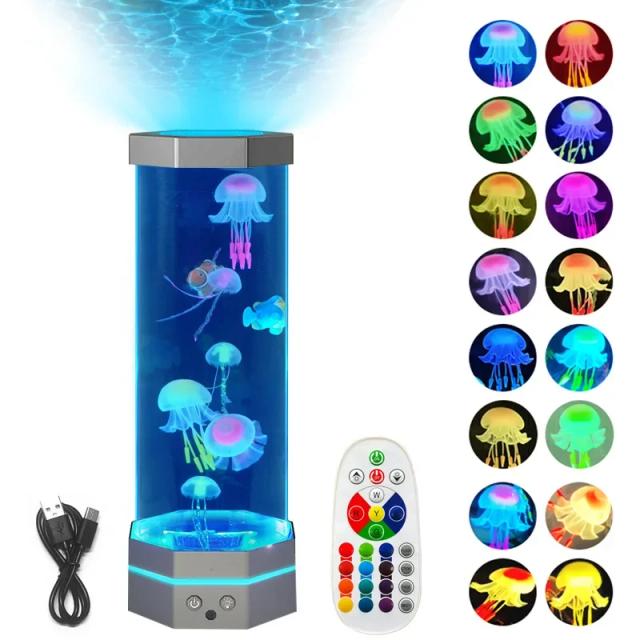 Lâmpada de Lava de Água-Viva de 15 Polegadas com 17 Cores, Controle Remoto e Conexão USB - Luz Noturna com Efeito de Peixes e Bolhas