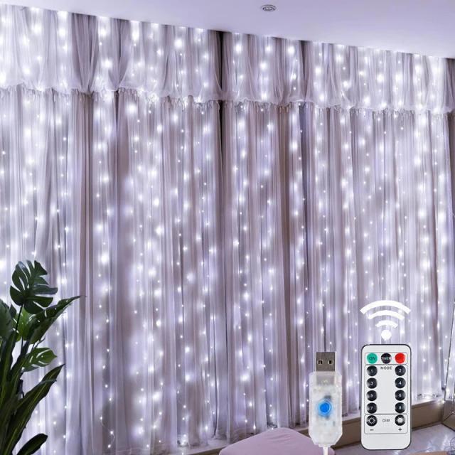 Luzes de Cortina LED Fada 3x3m 300 LEDs 8 Modos USB Decoração Festiva