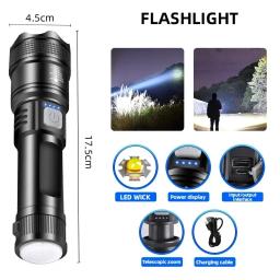 Poderoso P70 LED Ultra brilhante tocha, luz tática, holofotes de emergência, luz de zoom telescópico, bateria embutida - Image 6