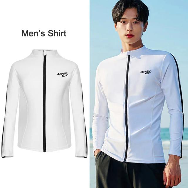 Camisas Rashguard com zíper de manga comprida masculina e feminina, tops de natação com proteção solar UV