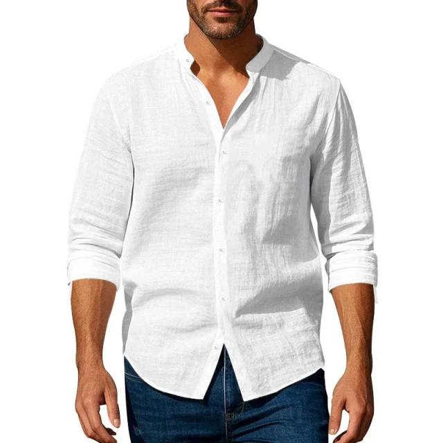 Camisa Henley Masculina Algodão e Linho Leve Respirável Slim Fit Manga Longa