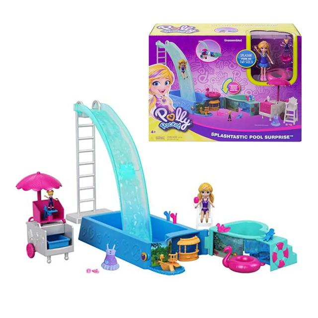 Polly Pocket Splashtastic Piscina Surpresa Slide Parque Conjunto Figura Miniatura Brinquedos para Meninas Boneca Micro Cenário Acessórios