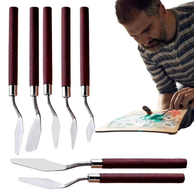 Kit de Arte com Espátula e Cabo de Madeira - 7 Peças para Pintura a Óleo, Mistura de Cores e Efeitos Especiais