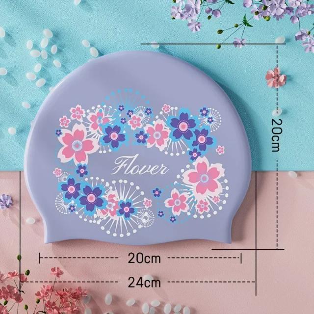 Chapéu de Natação em Silicone com Estampa Floral, Impermeável e Stretch para Mulheres e Meninas