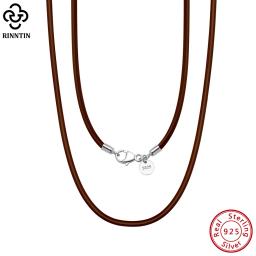 Rinntin genuíno italiano 2mm marrom couro cordão corrente colar para mulher homens com 925 prata esterlina fecho na moda jóias sc62 - Image 1