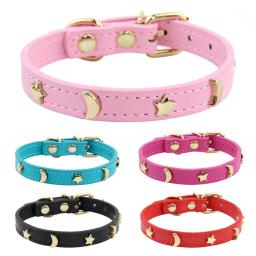 Coleiras de couro macio, colar bonito do gato, cão pequeno, gatinho, colar do filhote de cachorro, estrela, lua, rebites decoração, XS-M - Image 1