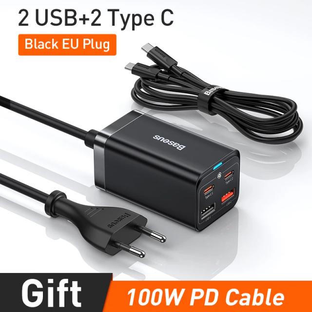 Baseus Gan3 100W Carregador de Mesa Carga Rápida QC 3.0/4.0 USB-C para iPhone, Huawei, Xiaomi, MacBook