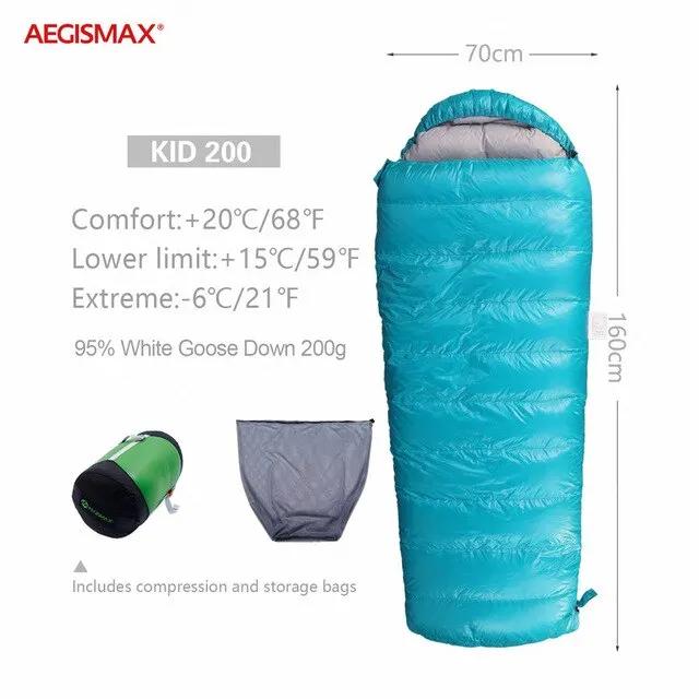 Aegismax Saco de Dormir Infantil Tipo Envelope para Acampamento - Quente e Confortável com Enchimento de Ganso Branco 95%