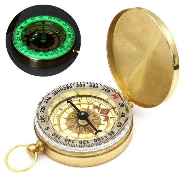 Bússola Portátil Dourada de Cobre e Latão com Display Noturno para Acampamentos e Trilhas