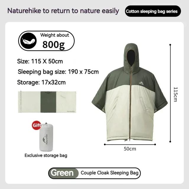 Saco de Dormir Naturehike com Capuz e Capa Impermeável, Casaco Grande Multifuncional para Camping 2 em 1 para Outono e Primavera