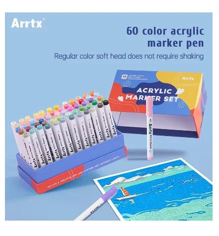 Conjunto de marcadores de pincel de pintura acrílica Arrtx, 60 cores para caneca de porcelana de vidro de rocha cerâmica, pintura em tela de tecido de madeira, materiais de arte