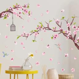 Adesivos de parede florais para quarto e sala de estar, flor de pêssego rosa, ramo de flores e pássaros, decalques para decoração - Image 1