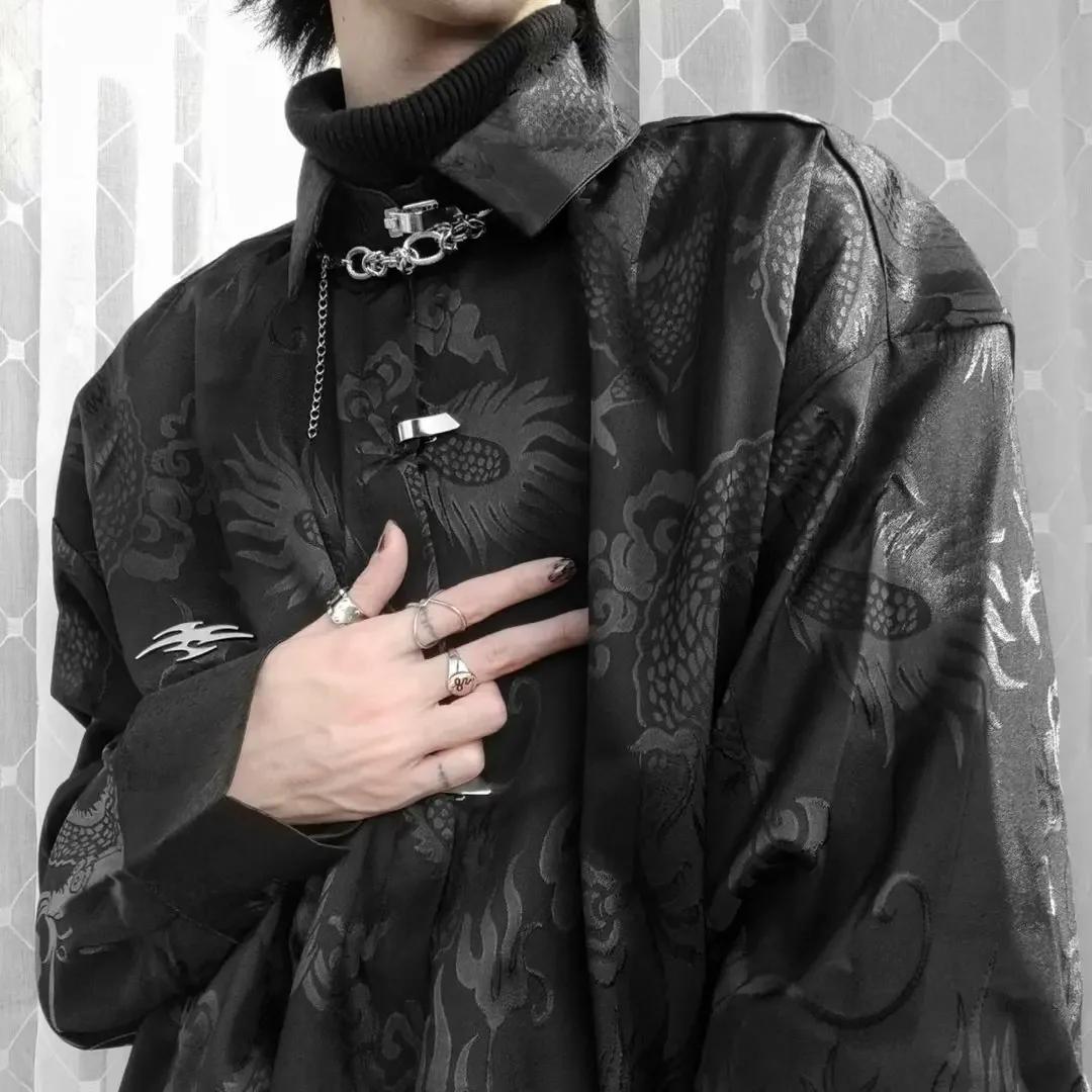Novo estilo chinês dragão padrão jacquard camisa de seda para homens casual fivela de metal maçante preto estético neutro solto-ajuste camisa - Image 1