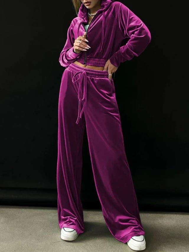 Conjunto de Treino de Veludo Feminino com Camisa e Calça, Capuz e Zíper - Roupas Chiques para o Outono