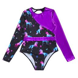 Crianças meninas dos desenhos animados cavalo impressão ballet dança collant manga longa aberto para trás elástico macacão traje de ginástica dancewear - Image 3