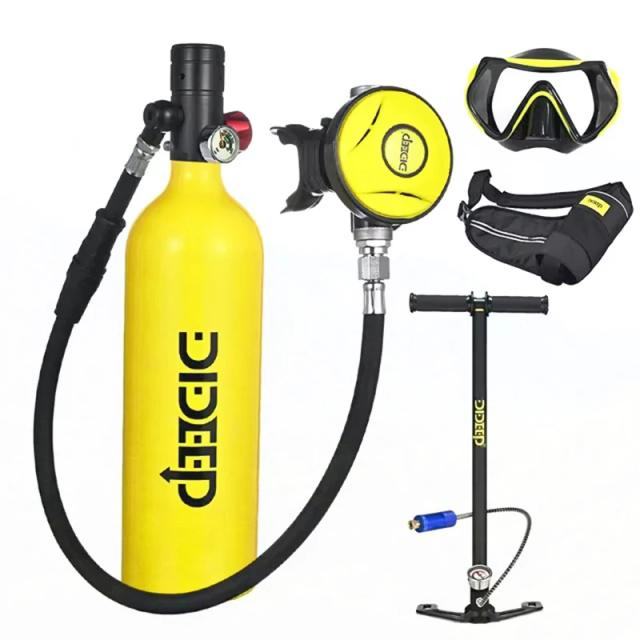 Conjunto Completo de Equipamento de Mergulho: Mini Cilindro de Oxigênio 1L com Respirador e Bomba de Mão