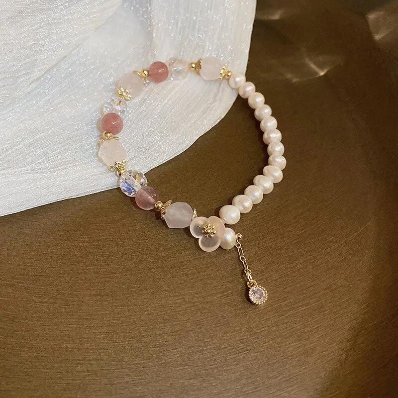 Pulseira de cristal rosa com pingente de flores para mulheres, pulseiras de pérolas imitações, braceletes para meninas, jóias casamento, nova moda - Image 2