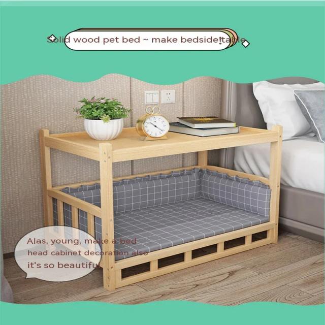 Cama elevada de madeira maciça para pets com estofamento, canil removível e design multifuncional