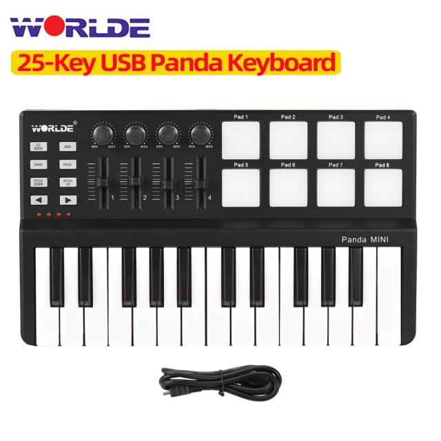 Teclado MIDI WORLDE-Panda Ultra Portátil com 25 Teclas Iluminadas e 9 Estilos de Trigger Pads USB