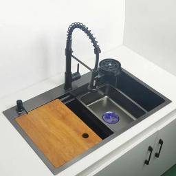 304 aço inoxidável Single Nano Kitchen Sink, Lavatório com tábua de cortar, Acima do monte, Preto fosco - Image 1