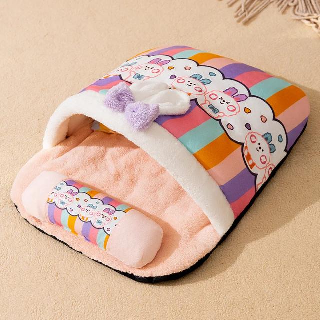 Saco de Dormir Removível Quente para Animais de Estimação - Cama Meia Fechada para Gatos com Confortável Almofada de Inverno