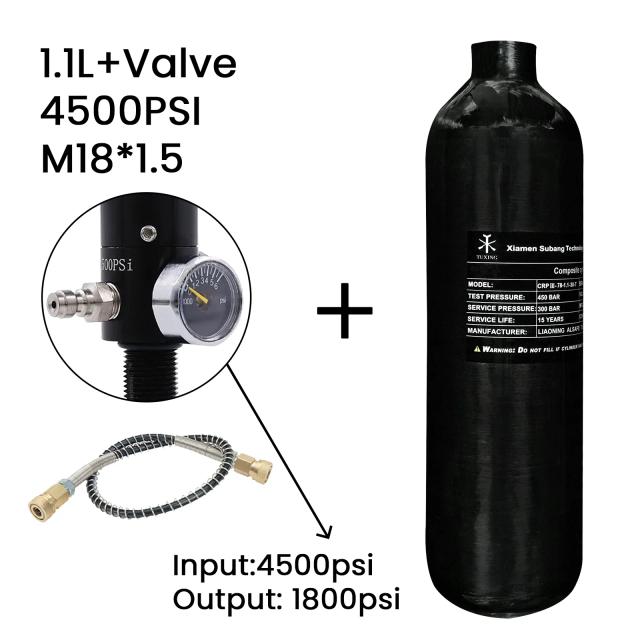 Garrafa de Ar Comprimido Tuxing de Fibra de Carbono com Válvula Reguladora, Tanque HPA 300Bar 1.2L 4500Psi M18x1.5 para Mergulho