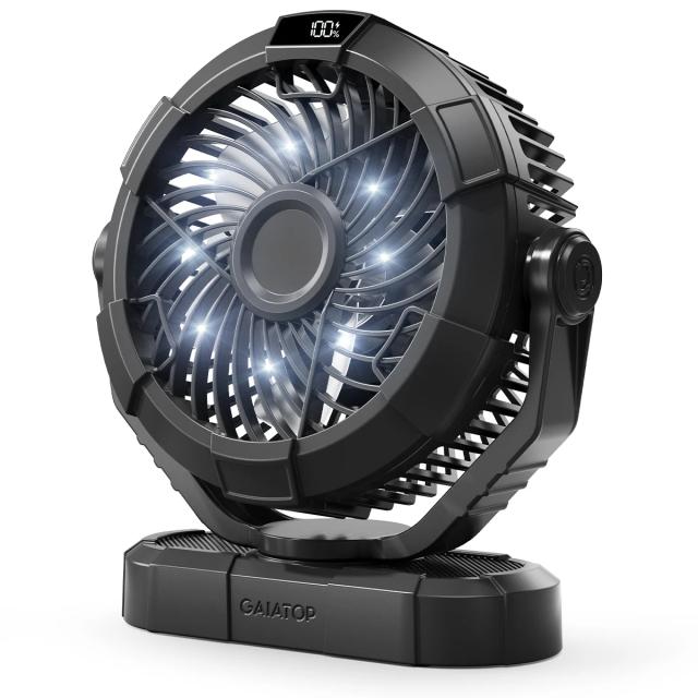 Ventilador Portátil para Acampamento com Lanterna LED e Bateria Recarregável de 4000mAh - 7 Polegadas, Rotação 360°, 3 Velocidades e Funcionamento Silencioso