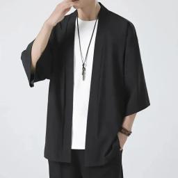 Yukata leve, ponto aberto japonês masculino, quimono, cardigã preto, manga 3/4, roupa casual para férias de verão, moda - Image 1