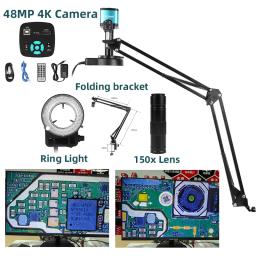 Microscópio Industrial com Suporte Dobrável, Câmera Digital, Luz LED, Solda, 48MP, 4K, 1080P, HDMI, USB, Lente 150X - Image 1