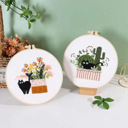 DIY bordado bordado ferramentas para iniciantes, casa costura, artesanato kit, conjunto, flores, plantas, gato padrão, artesanal, novo - Image 5