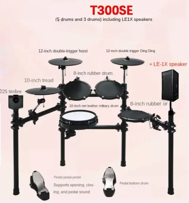 Bateria Eletrônica Mesh Leather Portátil para Adultos e Crianças - Modelos T300, 380, 505 Profissionais