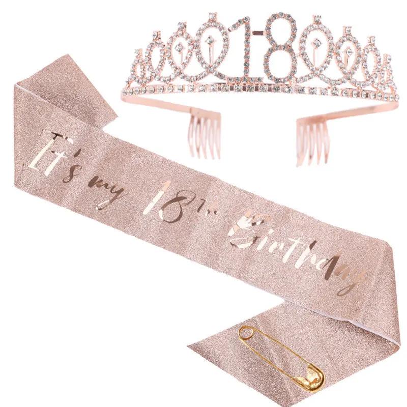 Faixa de cetim com coroa de cristal para meninas, decoração de aniversário, tiara, feliz aniversário, aniversário, fonte de festa, 18, 21, 30, 40, 50, ouro rosa - Image 1