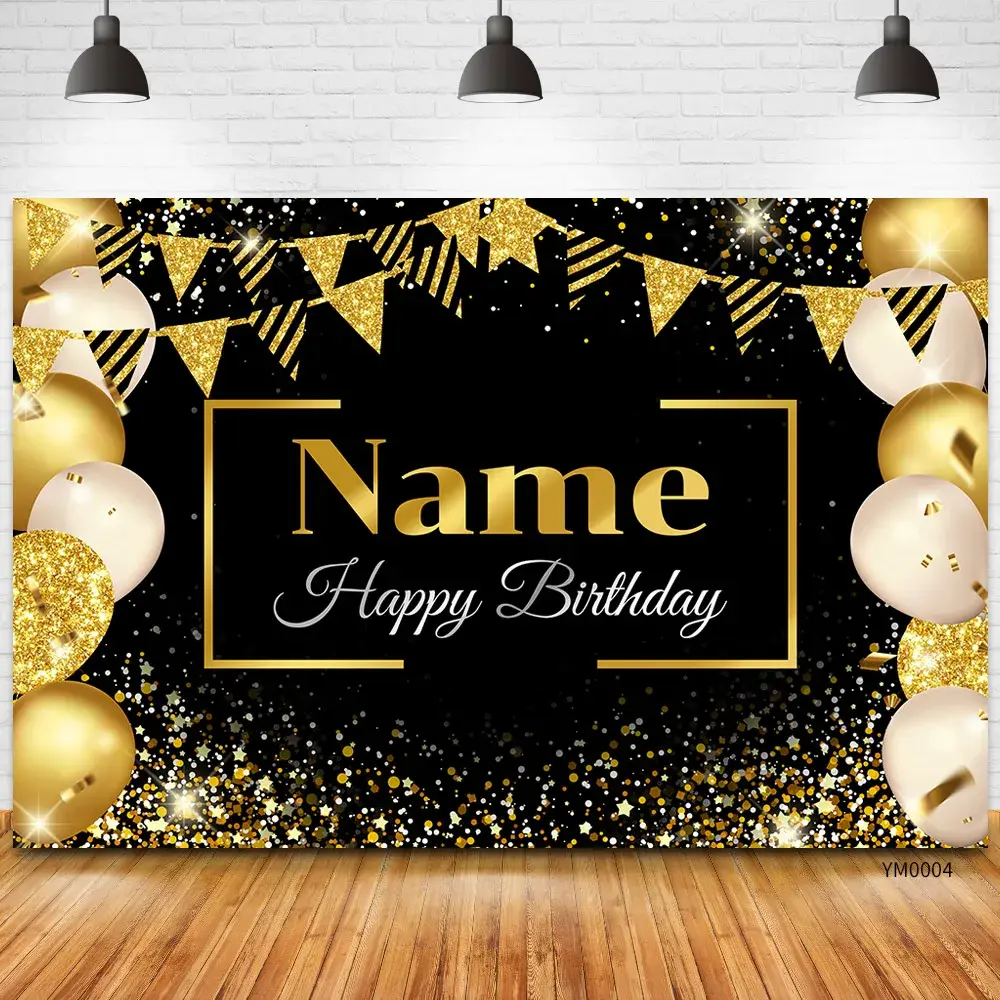 Nome personalizado Photo Backdrop Banner, fundos de aniversário, cartaz preto e dourado, festa de aniversário - Image 1