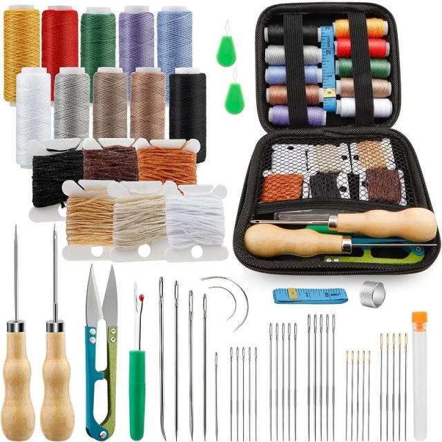 BUDDUR Kit Completo de Ferramentas para Costura em Couro com Fio Encerado e Agulha Threader para Projetos DIY Artesanais