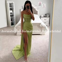 Sexy High Slit Verde Lime Prom Dresses Strapless Plissados Shiny Satin Formal Sereia Vestido de Noite para Mulheres Prom Party Gowns - Image 1