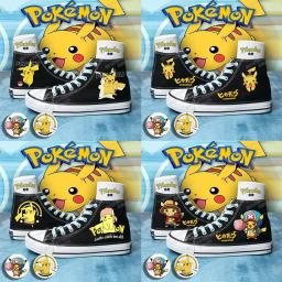 Sapatos de lona anime Pokémon Pikachu para meninos e meninas, sapatos baixos impressos pintados à mão, respirável de cano alto, presente de estudante, novo, verão - Image 1