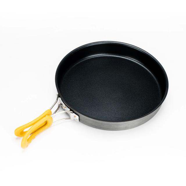 Frigideira antiaderente média com alça dobrável em alumínio, perfeita para acampamentos, piqueniques e caminhadas, compacta e portátil.