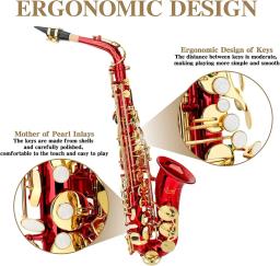 Saxofone Eb Alto vermelho para iniciantes e adultos, latão E Flat, saxofone tipo chave, instrumento de sopro com estojo, alça, peças de luva - Image 2