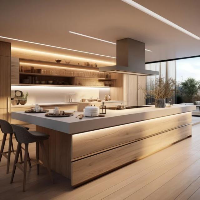 Armário de Cozinha Personalizado de Luxo em Madeira Maciça com Ilha e Bancada de Quartzo