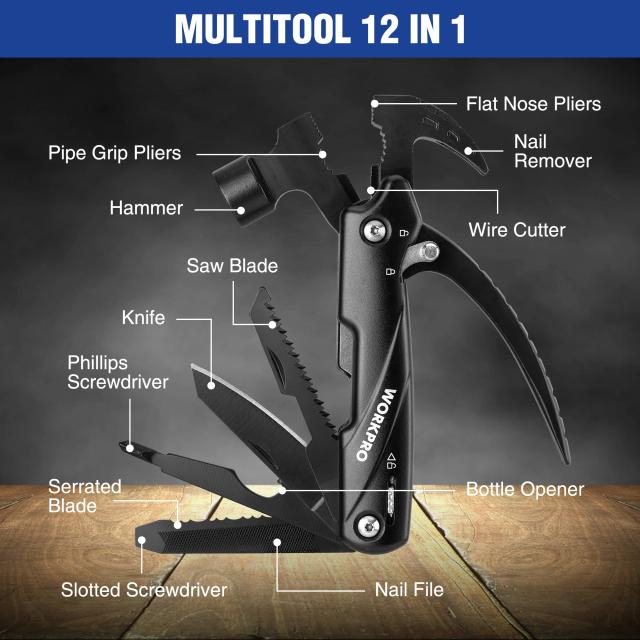 Martelo Multitool Portátil WORKPRO 12 em 1 em Aço Inoxidável com Bainha Ideal para Camping e Sobrevivência ao Ar Livre