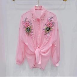 Blusa casual fina solta, manga comprida, camisa de proteção solar, lantejoulas pesadas, blusa bordada, primavera, verão, B81, 2023 - Image 2